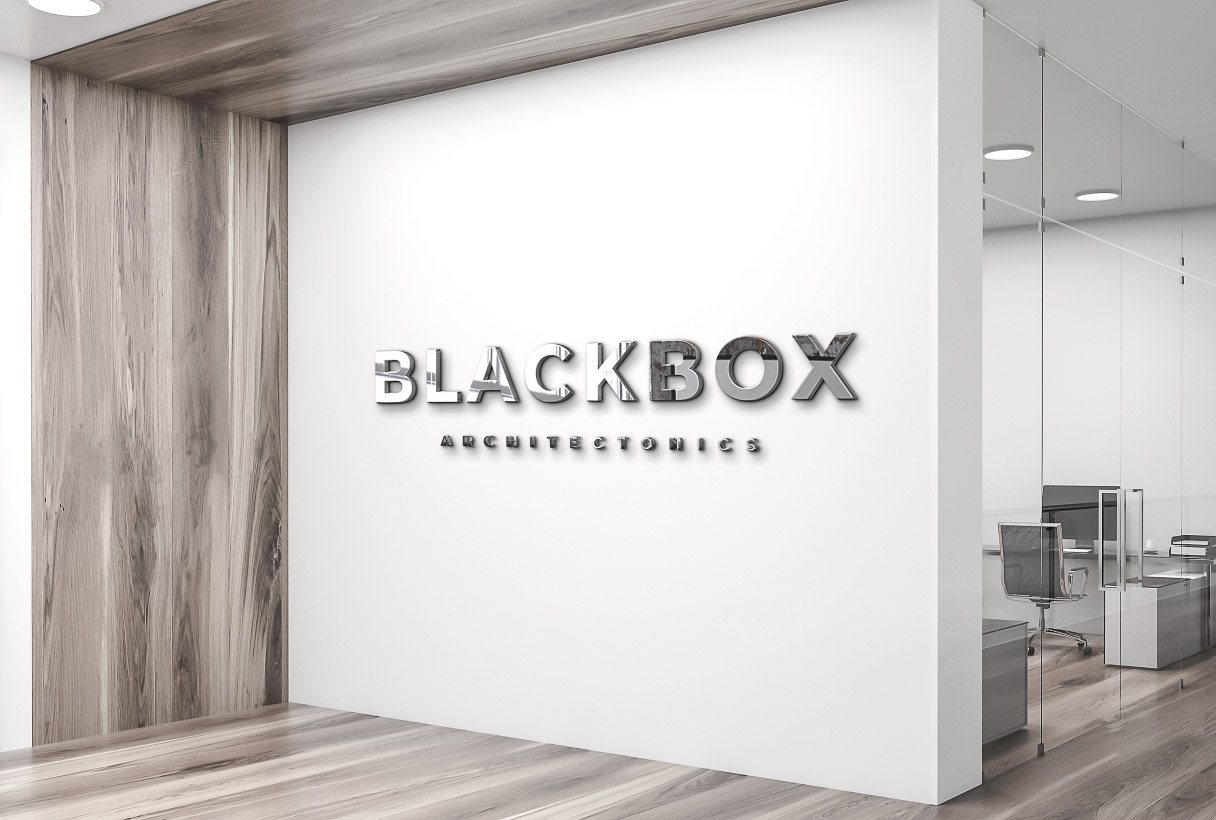 Blackbox Architectonics branding by Reform Digital, logo mockup on office wall