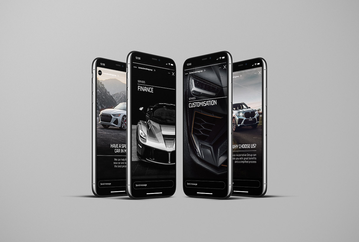 ICON Automotive social media content and marketing by Reform Digital, mockup on 4 mobiles