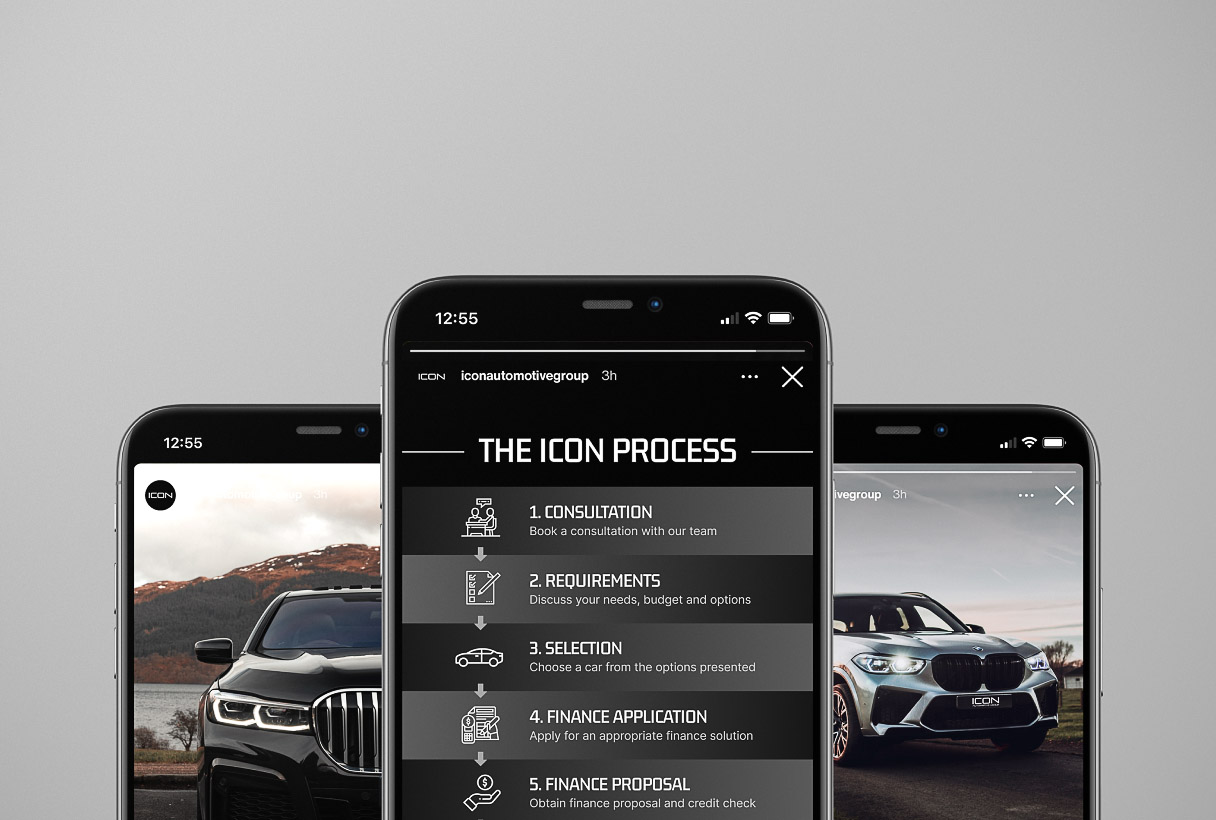 ICON Automotive social media content and marketing by Reform Digital, mockup on 3 mobiles