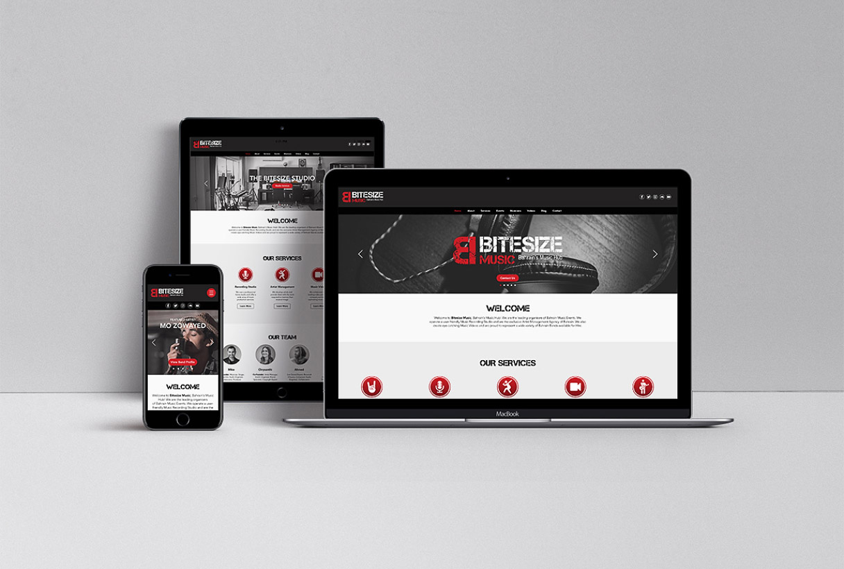 Bitesize Music website by Reform Digital, mockup on laptop, tablet and mobile